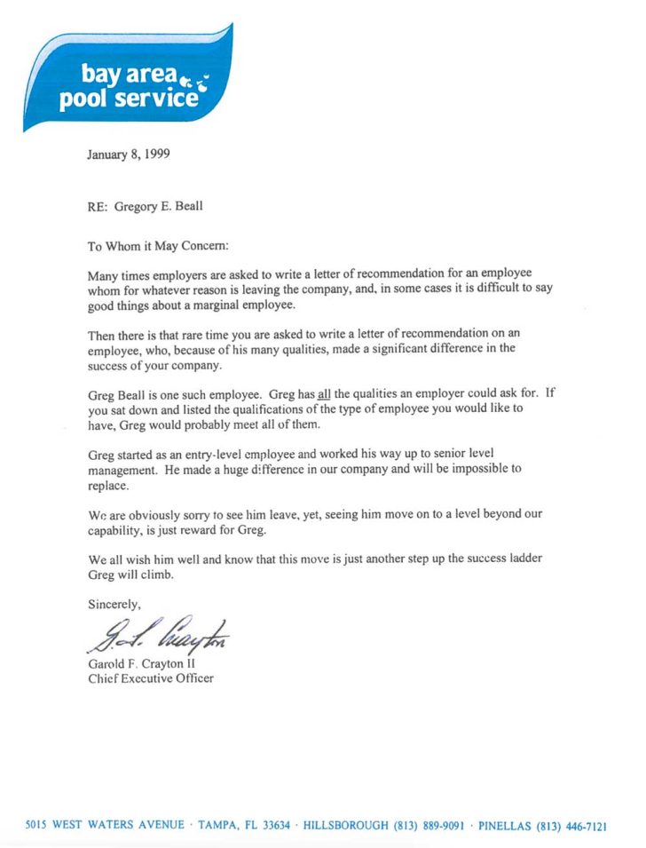 Bay Area Pool Service Letter of Recommendation | Greg Beall Home Watch & Pool Consulting