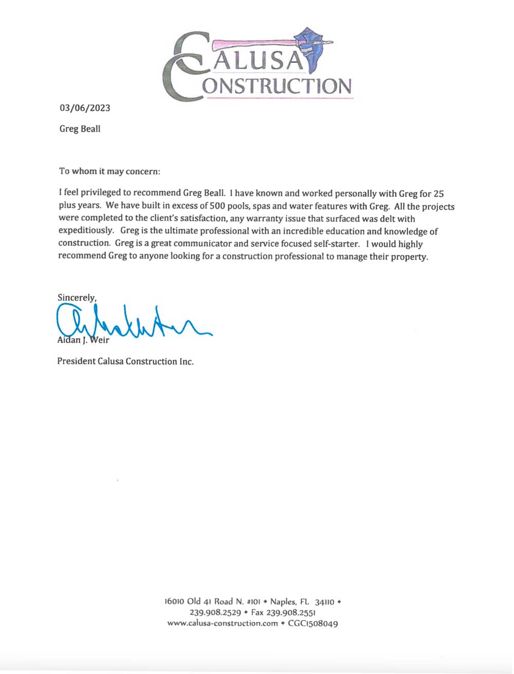 Calusa Construction Letter of Recommendation | Greg Beall Home Watch & Pool Consulting