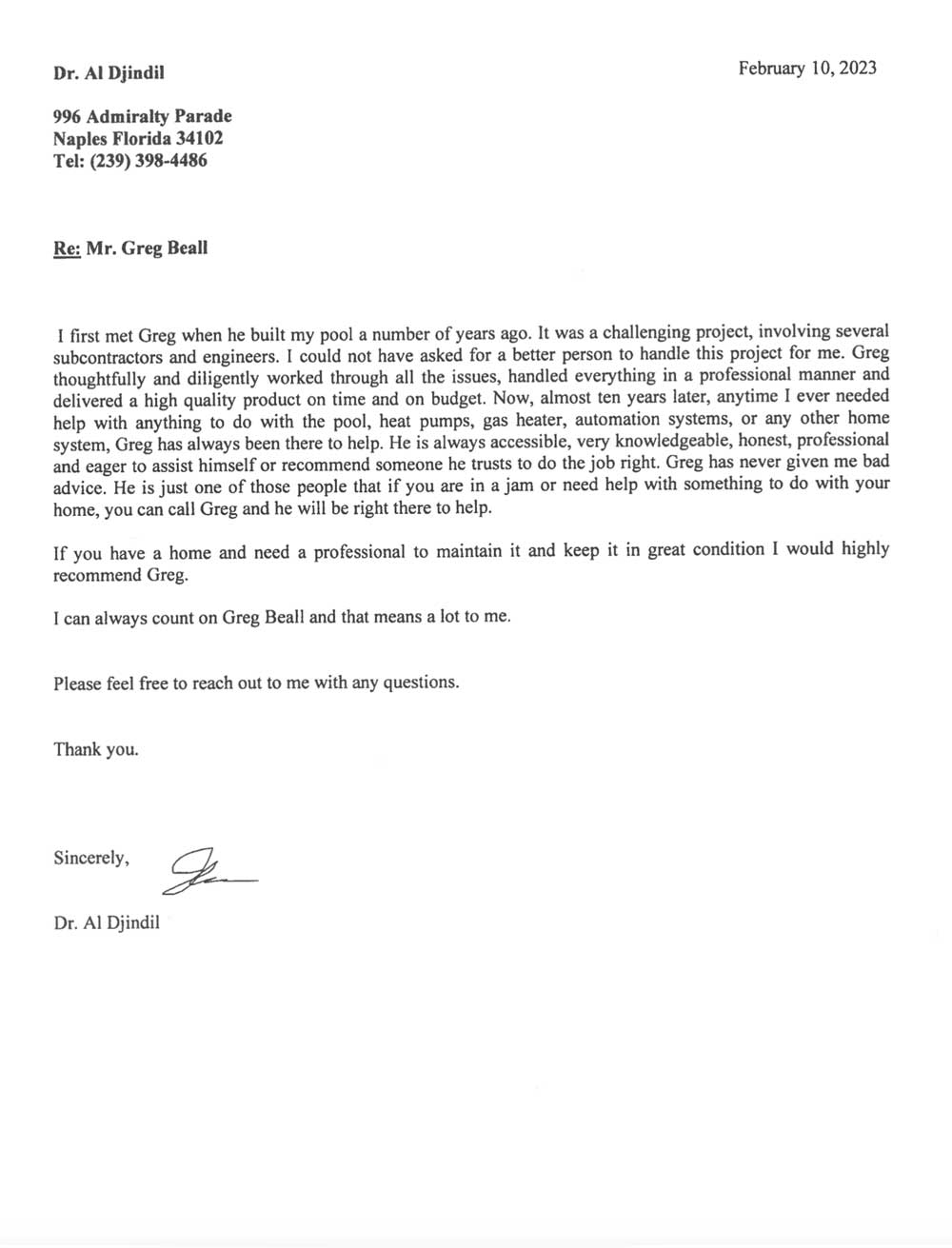 Dr. Al Djindil Letter of Recommendation | Greg Beall Home Watch & Pool Consulting