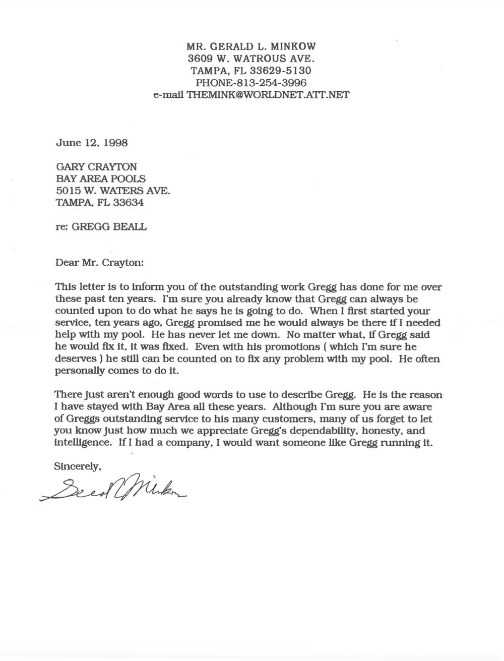 Gerald Minkow Letter of Recommendation | Greg Beall Home Watch & Pool Consulting