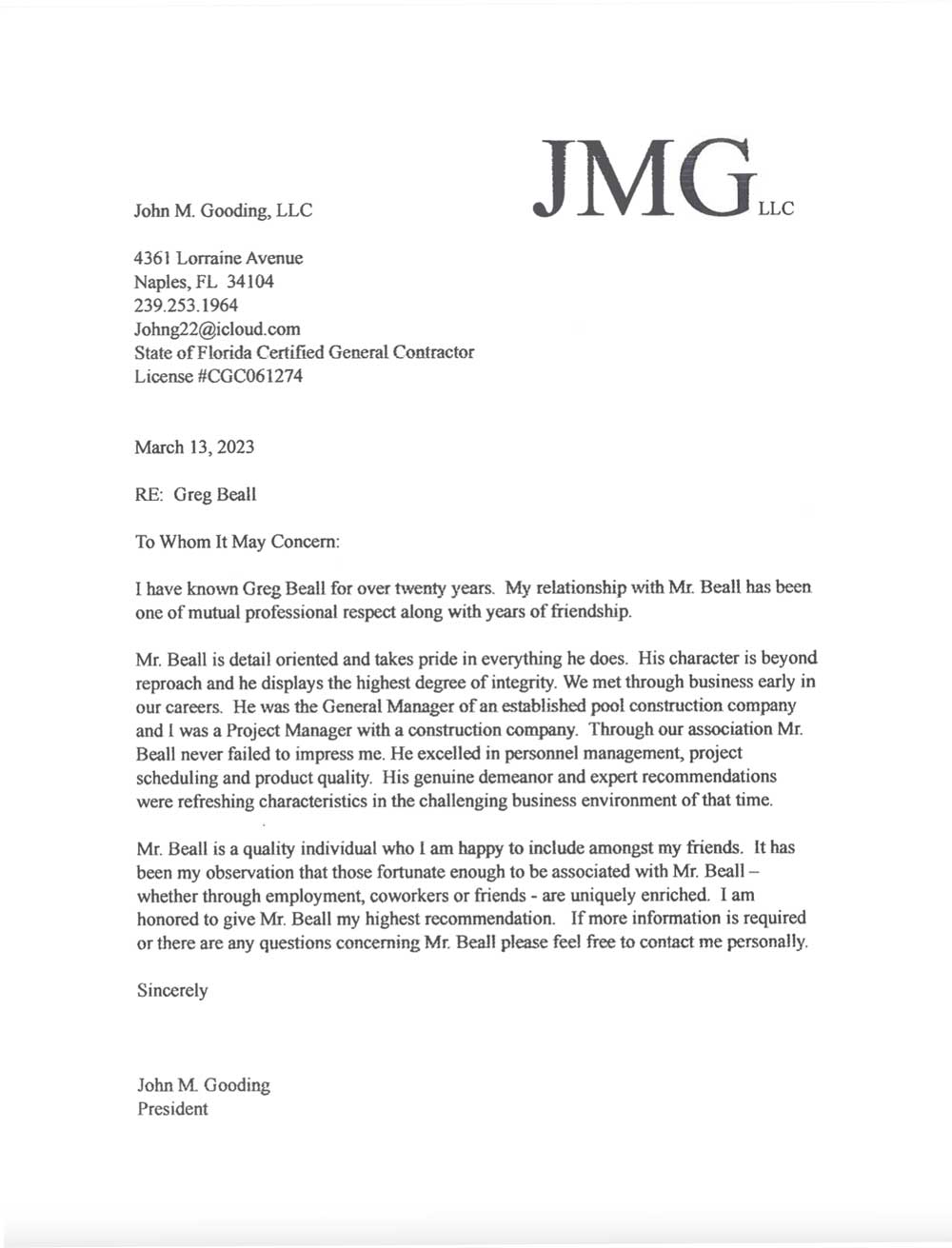 JMG, LLC. Letter of Recommendation | Greg Beall Home Watch & Pool Consulting